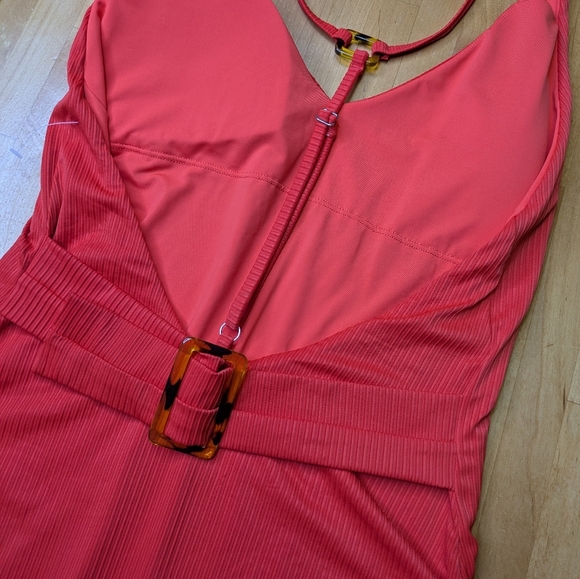2/$25-Miss Adola Ribbed T-back One Piece Orange/Red Lower Back Belt Cinch Vneck - Picture 4 of 8
